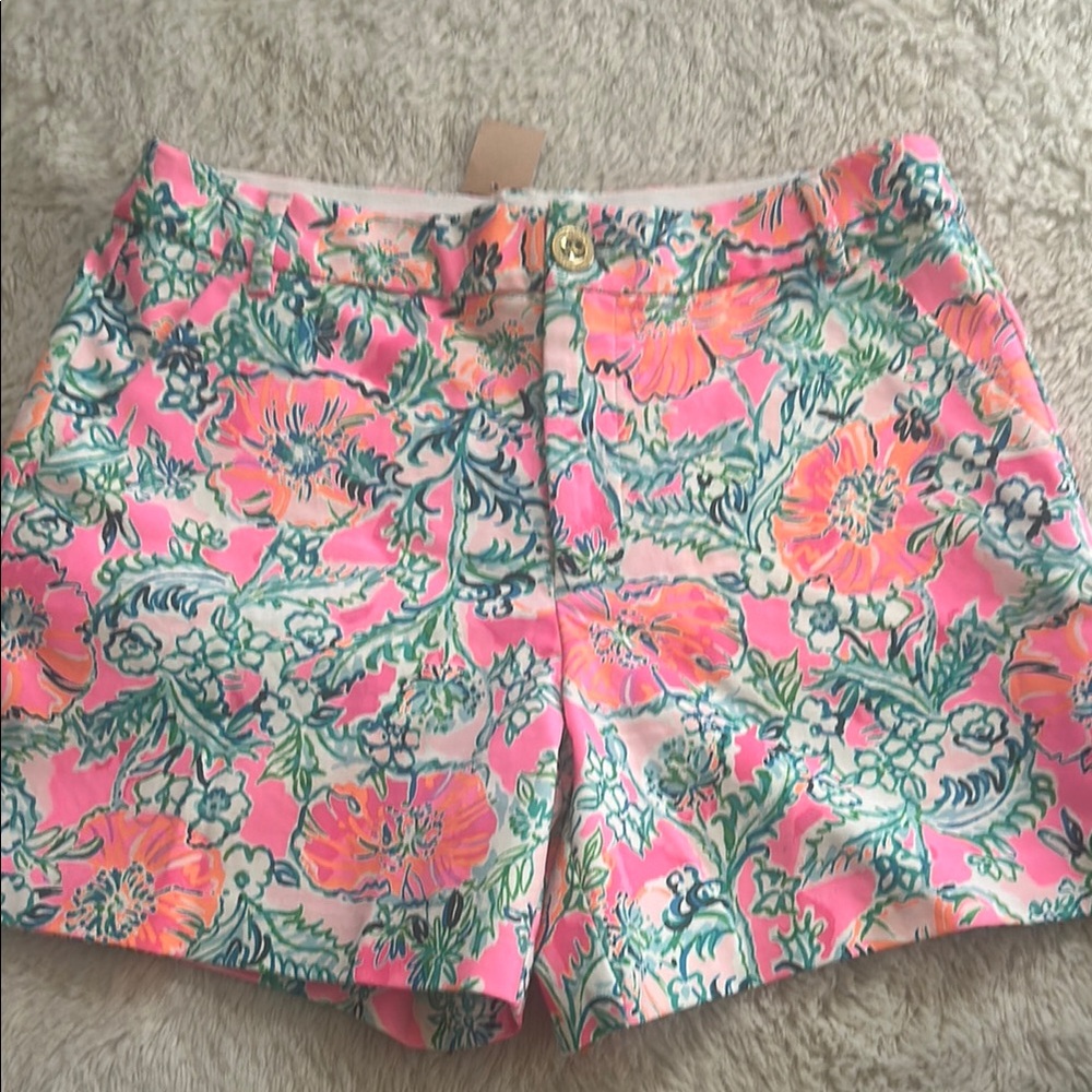 Lilly Pulitzer Pink and Green Bermuda Shorts Vibrant Floral Design